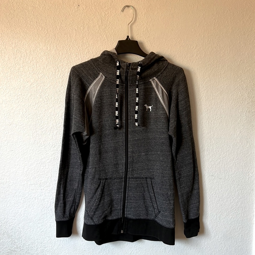 PINK Victoria’s Secret-Full Zip Hoodie w/ Silver Metallic Trim-Dark Gray-Size S